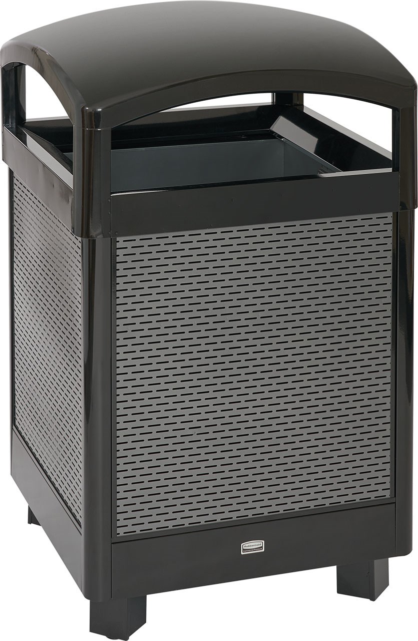 The Dimension Series decorative outdoor waste container's perforated steel panels create an upscale, dimensional look that complements contemporary outdoor enviornments.