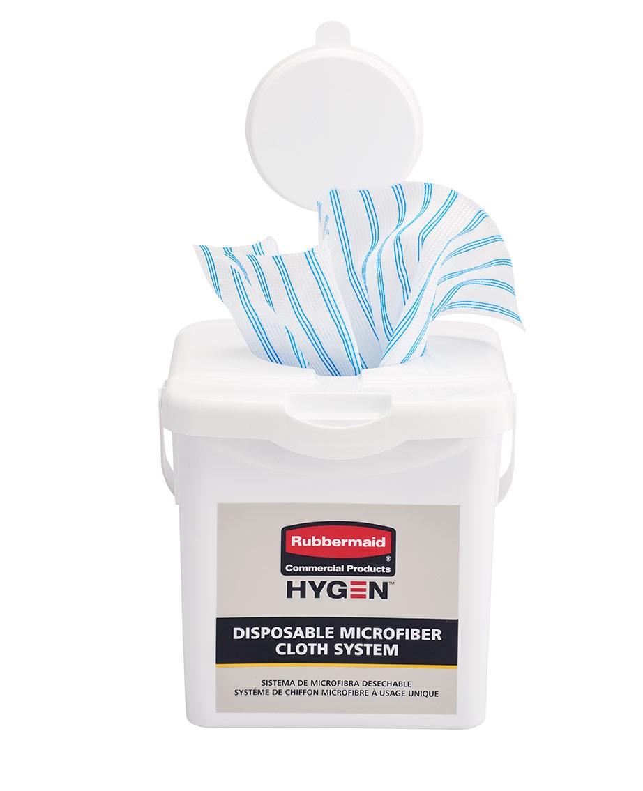 The HYGEN™ Disposable Microfiber Charging Bucket is designed to hold up to 60 HYGEN™ 12" x 12" Disposable Microfiber Cloths and a facility’s preferred solution to create disposable pre-treated wipes with the microbe removal power of microfiber.