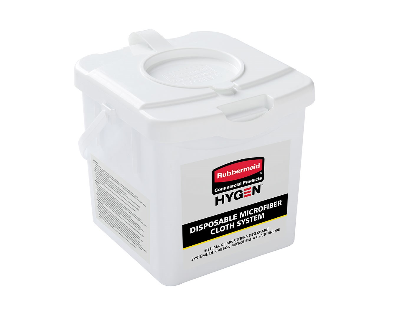 The HYGEN™ Disposable Microfiber Charging Bucket is designed to hold up to 60 HYGEN™ 12" x 12" Disposable Microfiber Cloths and a facility’s preferred solution to create disposable pre-treated wipes with the microbe removal power of microfiber.