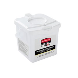 The HYGEN™ Disposable Microfiber Charging Bucket is designed to hold up to 60 HYGEN™ 12" x 12" Disposable Microfiber Cloths and a facility’s preferred solution to create disposable pre-treated wipes with the microbe removal power of microfiber.