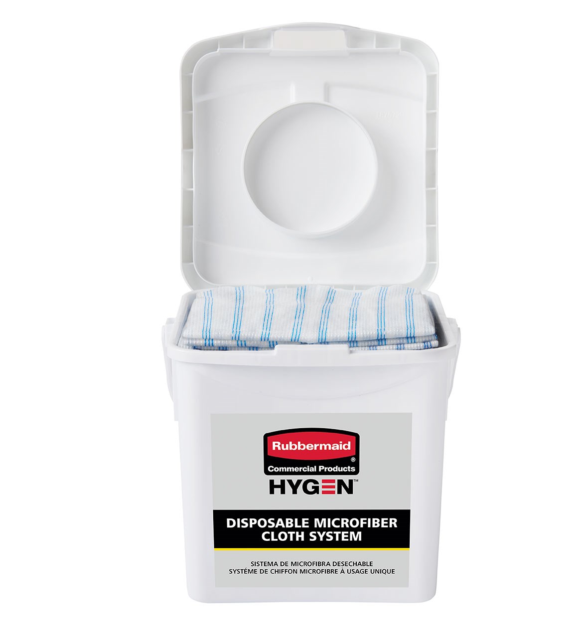 The HYGEN™ Disposable Microfiber Charging Bucket is designed to hold up to 60 HYGEN™ 12" x 12" Disposable Microfiber Cloths and a facility’s preferred solution to create disposable pre-treated wipes with the microbe removal power of microfiber.