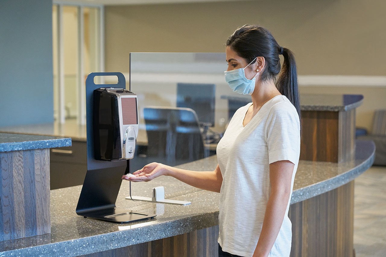 The AutoFoam Tabletop Station is a lightweight and portable solution for touch-free hand sanitizer dispensing anywhere.