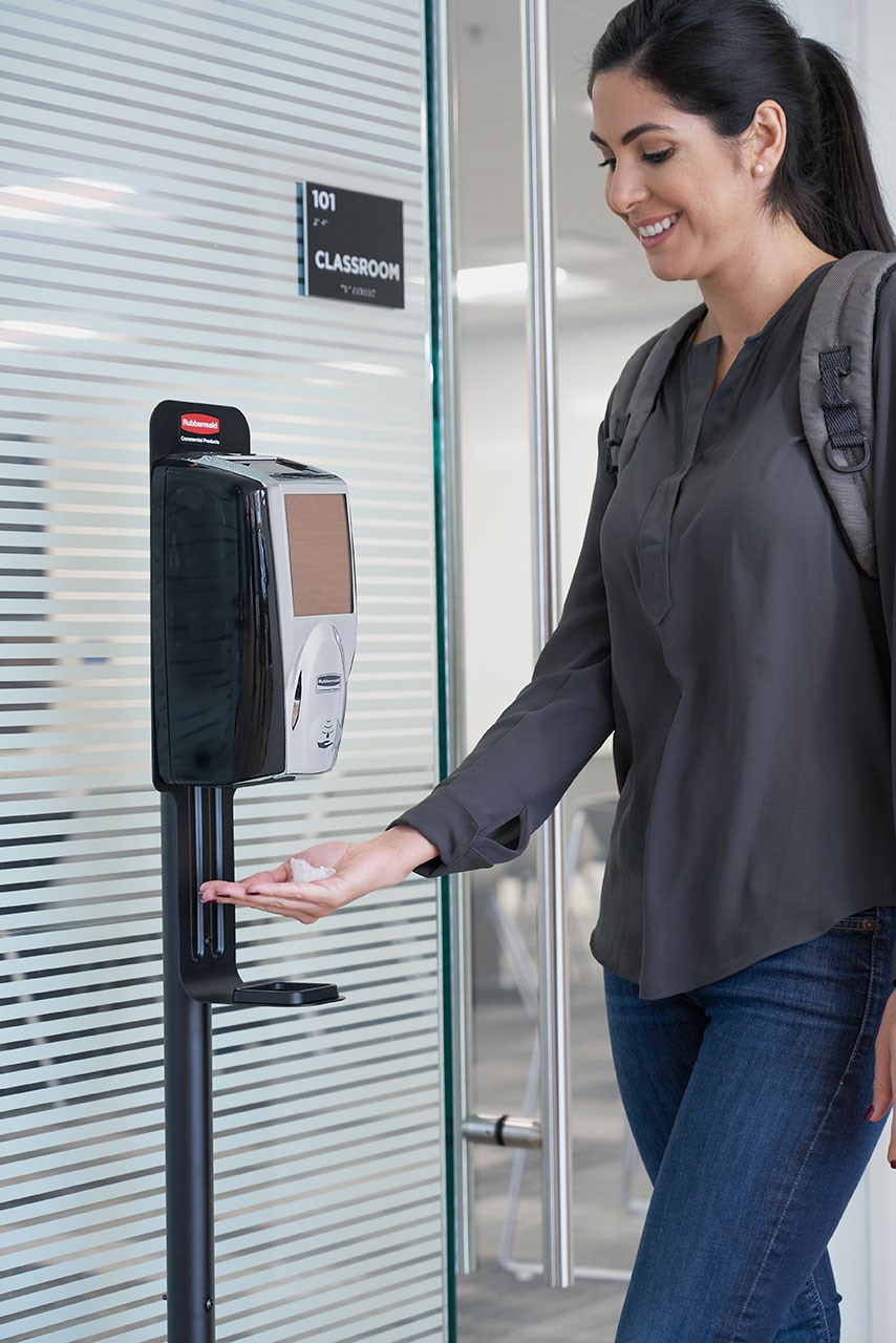The AutoFoam Standard Floor Stand allows touch-free hand sanitizer dispensers to be mounted to a lightweight, easily movable stand to meet the changing needs of your facility.