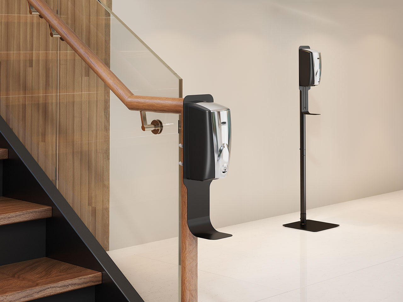 The Pole Mount Station allows touch-free and manual hand sanitiser dispensers to be placed in easily overlooked spaces like poles and railing for convenient access.