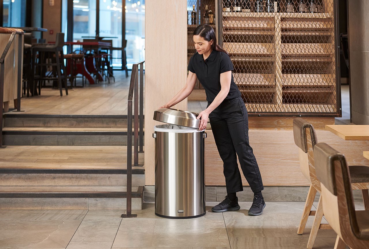 Featuring a classic design and fingerprint-resistant stainless steel, the Refine waste container fits seamlessly into any commercial space for a discreet look that enhances the overall environment.