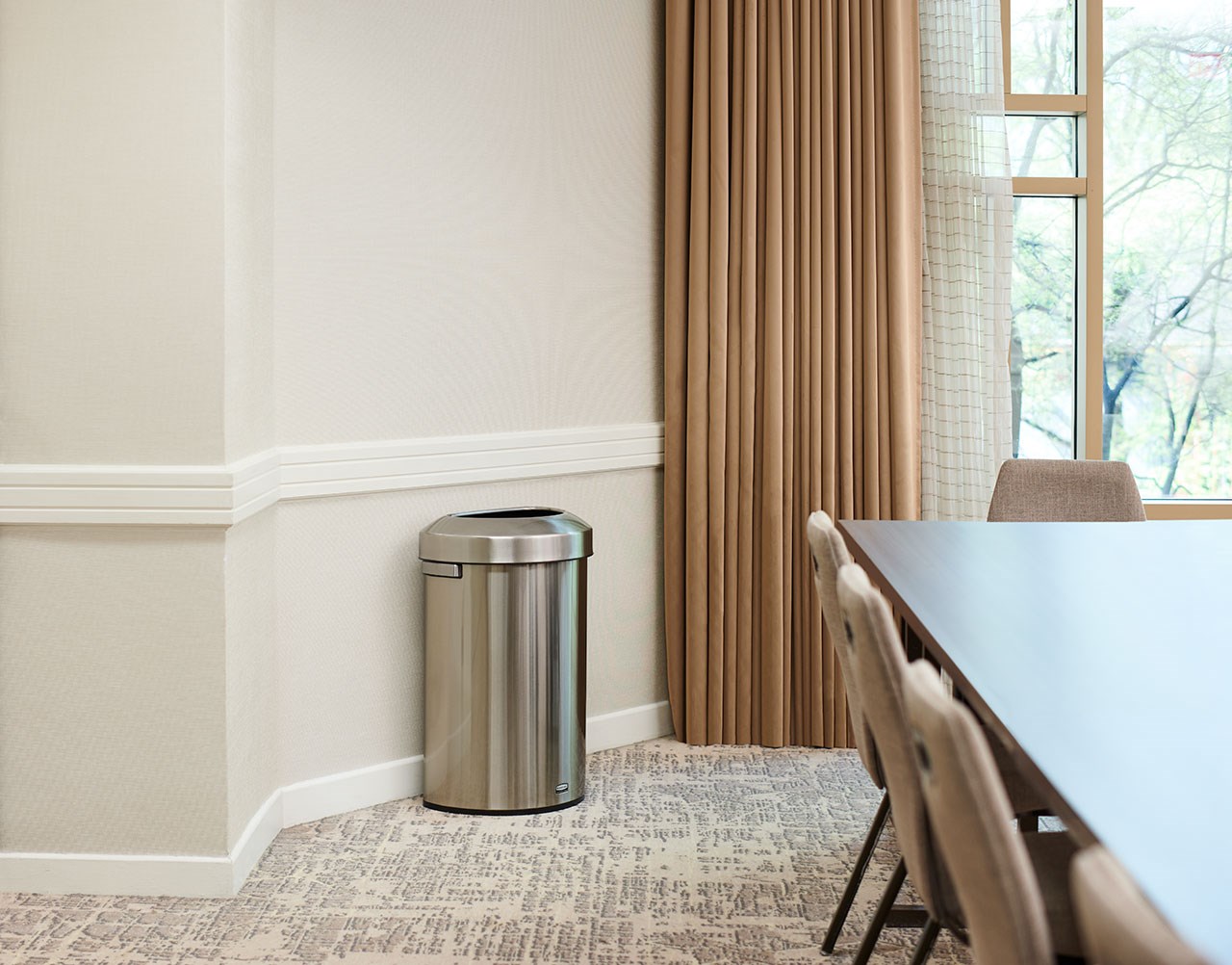 Featuring a classic design and fingerprint-resistant stainless steel, the Refine™ waste container fits seamlessly into any commercial space for a discreet look that enhances the overall environment.