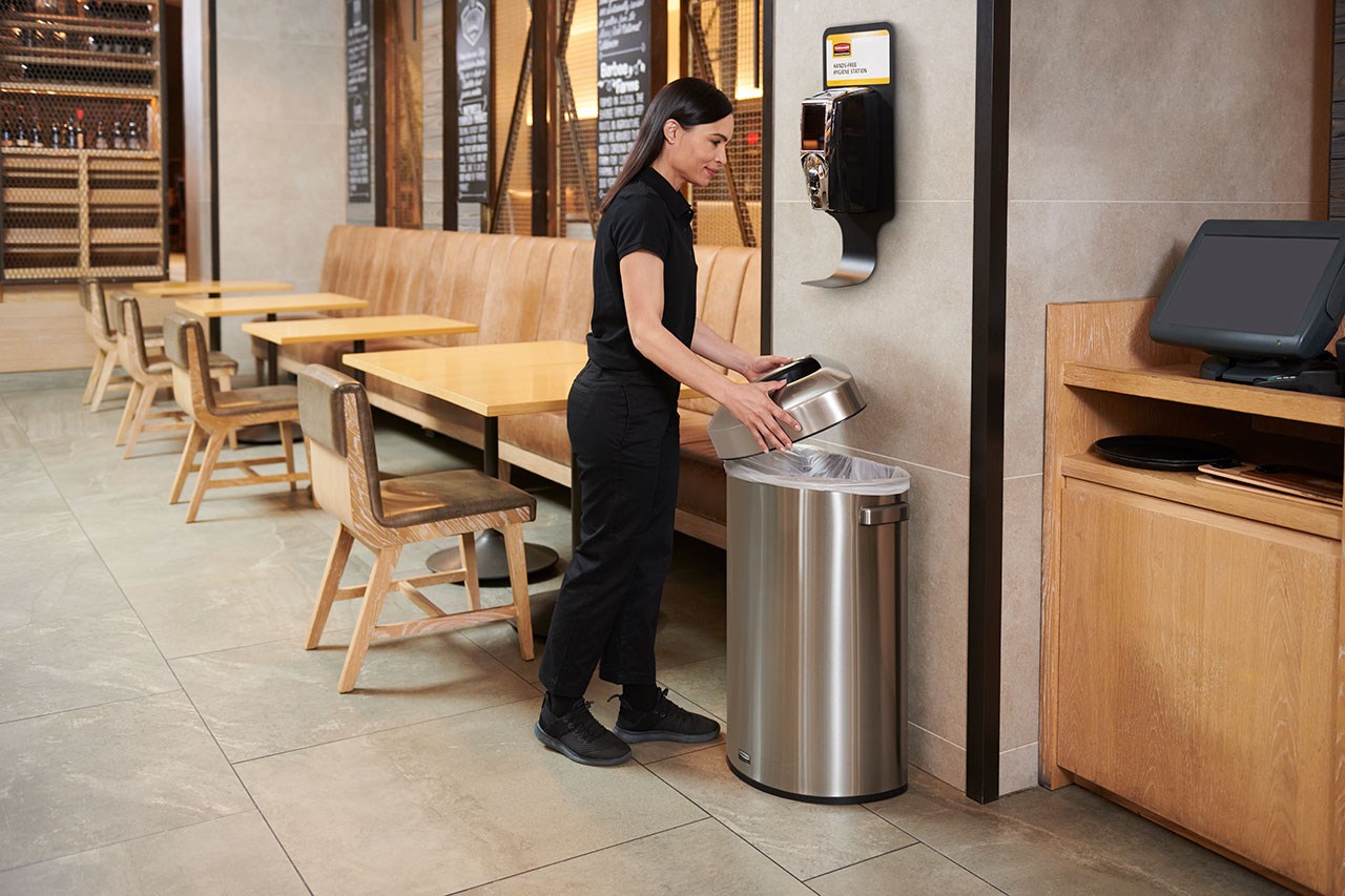 Featuring a classic design and fingerprint-resistant stainless steel, the Refine™ waste container fits seamlessly into any commercial space for a discreet look that enhances the overall environment.