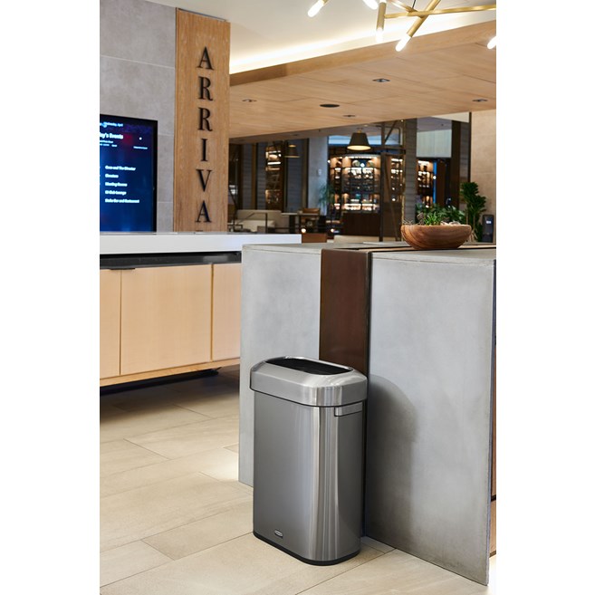 Featuring a classic design and fingerprint-resistant stainless steel, the Refine waste container fits seamlessly into any commercial space for a discreet look that enhances the overall environment.
