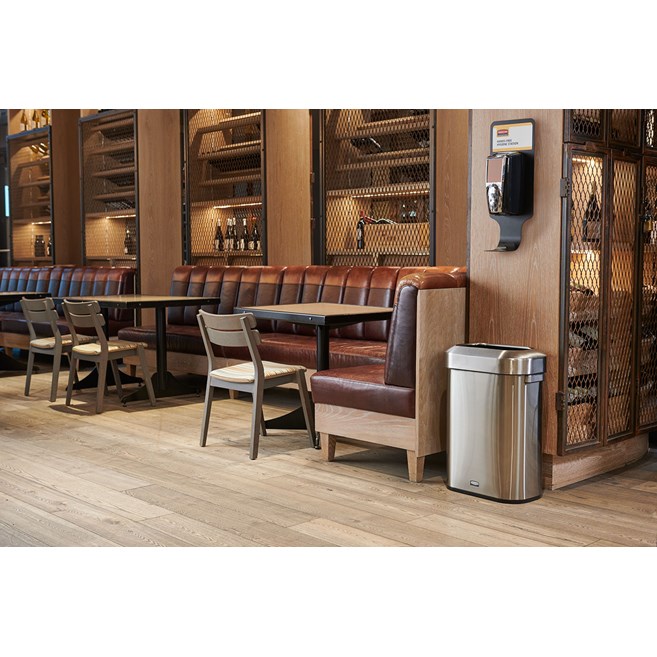 Featuring a classic design and fingerprint-resistant stainless steel, the Refine waste container fits seamlessly into any commercial space for a discreet look that enhances the overall environment.
