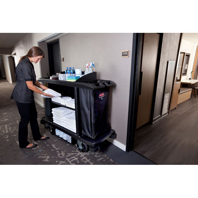 The Executive Full-Size Housekeeping Cart is a complete system solution for housekeeping with optional double bag collection and adjustable shelves.