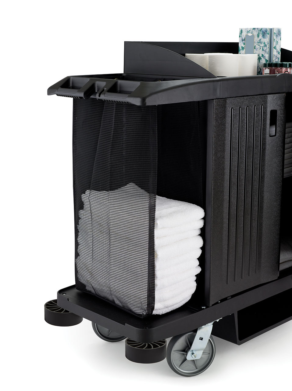 The Rubbermaid Commercial Side-Load Mesh Linen bag for housekeeping carts increases capacity for clean linens without the need for a larger cart.