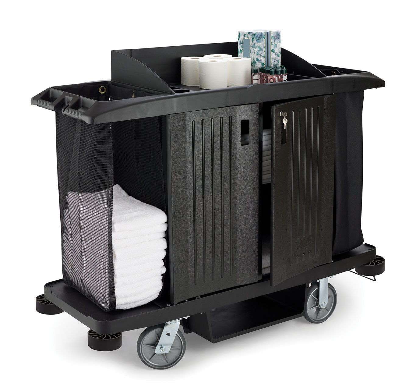 The Rubbermaid Commercial Side-Load Mesh Linen bag for housekeeping carts increases capacity for clean linens without the need for a larger cart.