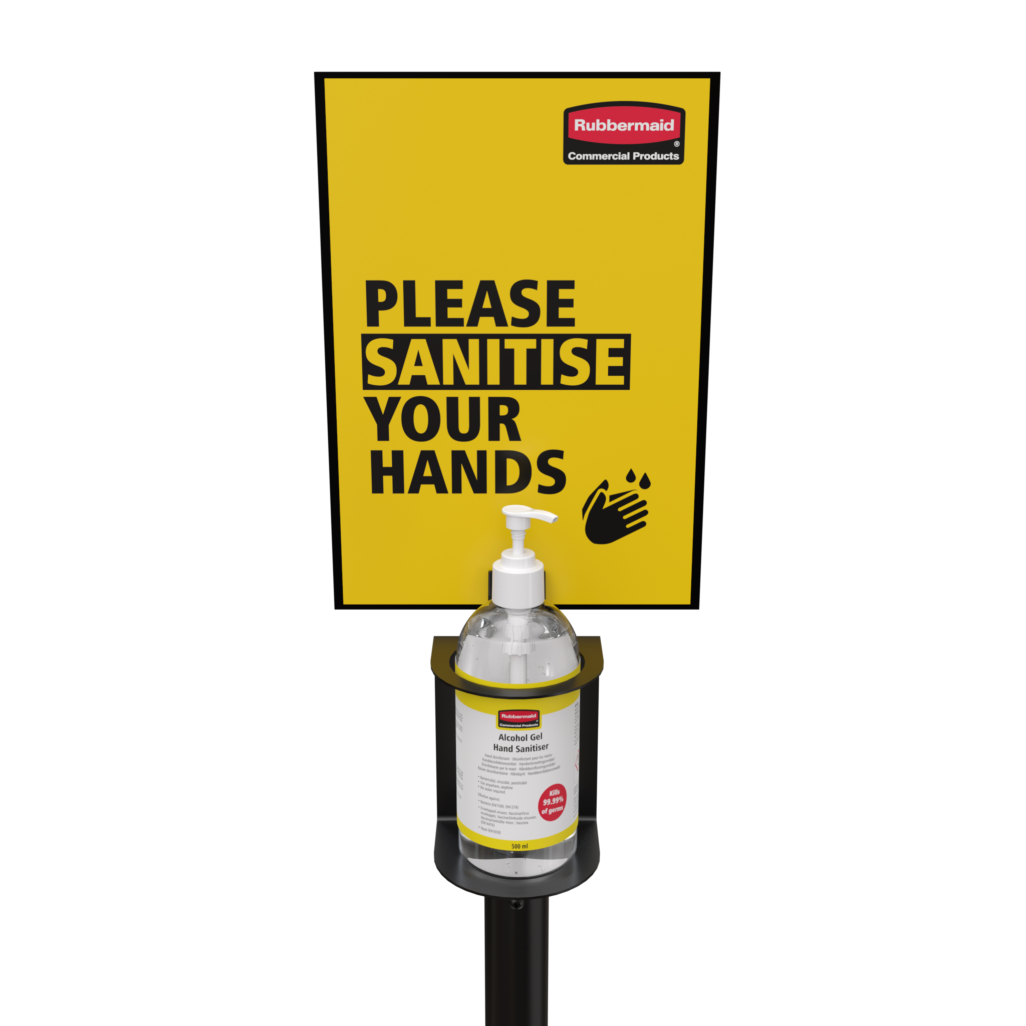 The Pump Top Sanitiser Floor Stand allows pump top sanitiser bottles to be mounted to a lightweight, easily movable stand.