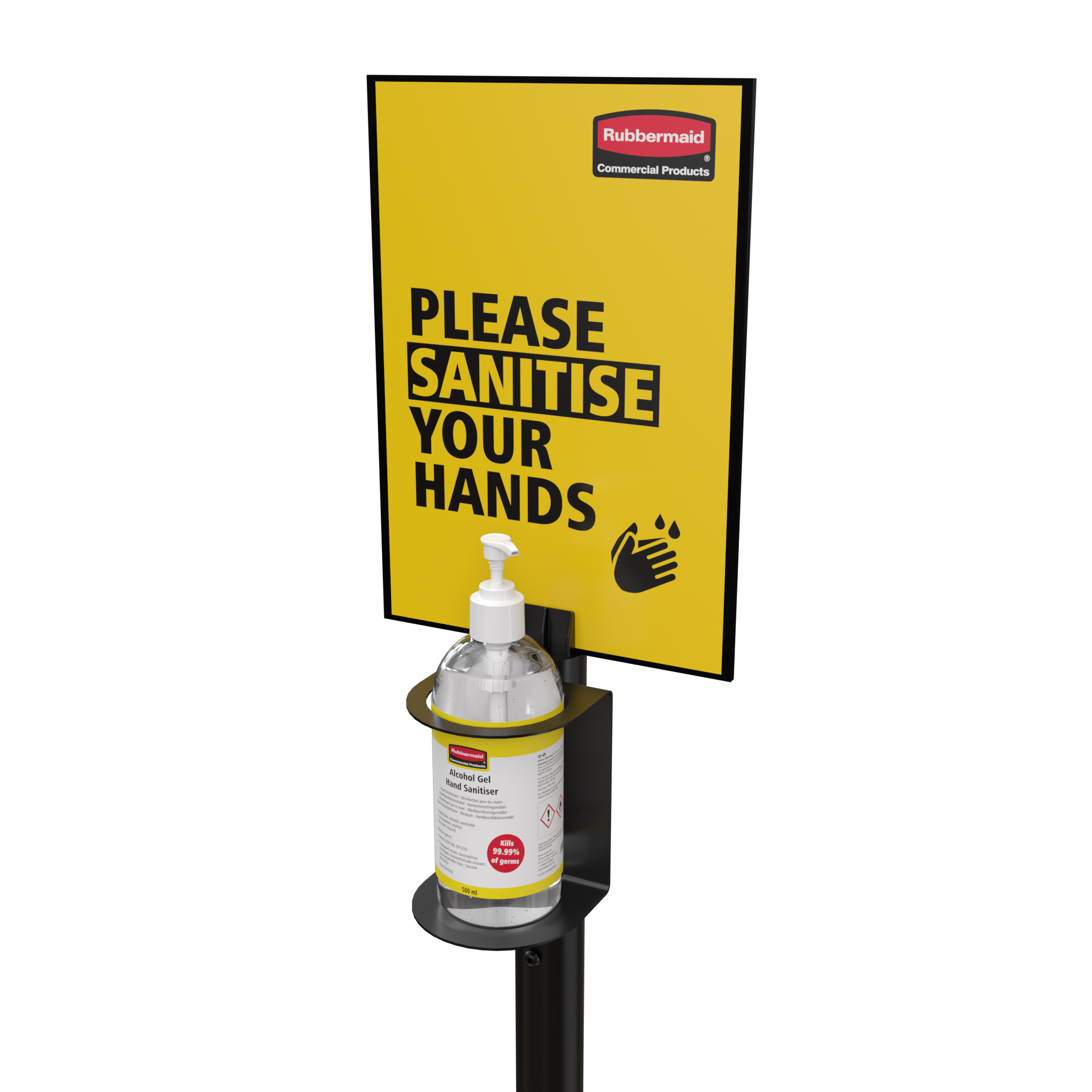 The Pump Top Sanitiser Floor Stand allows pump top sanitiser bottles to be mounted to a lightweight, easily movable stand.