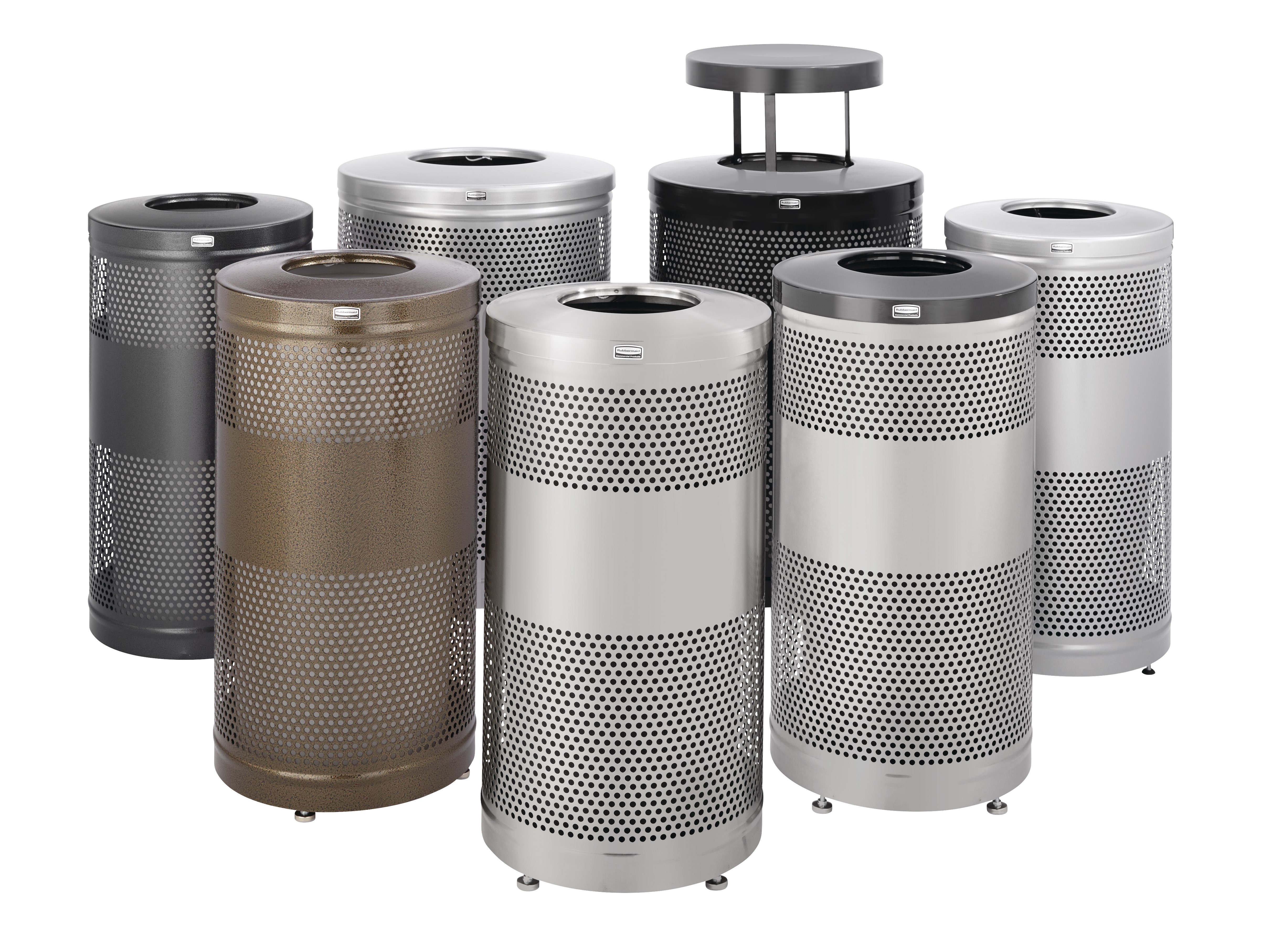 The heavy-duty Classics Decorative Waste Container has a perforated steel design for a clean and modern appearance. This container is a smart choice for high-traffic areas and can be used both outdoors and indoors.