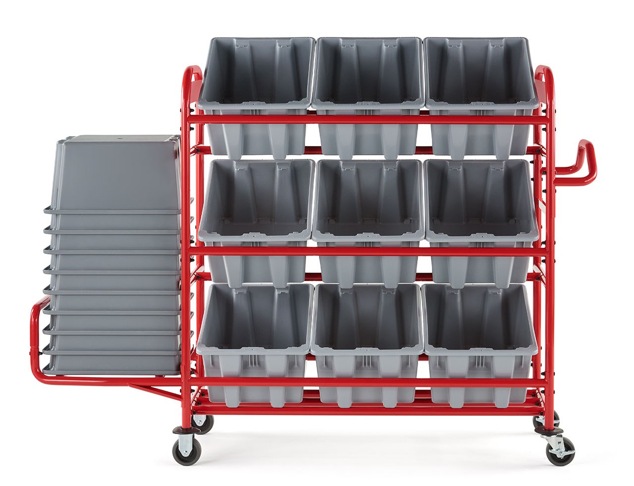 The Tote Storage Bracket increases the storage capacity of the Tote Picking Cart by providing extra storage of up to 9 additional tote bins.