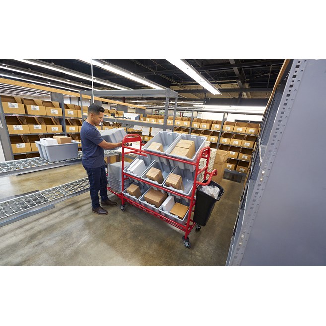 The Tote Storage Bracket increases the storage capacity of the Tote Picking Cart by providing extra storage of up to 9 additional tote bins.
