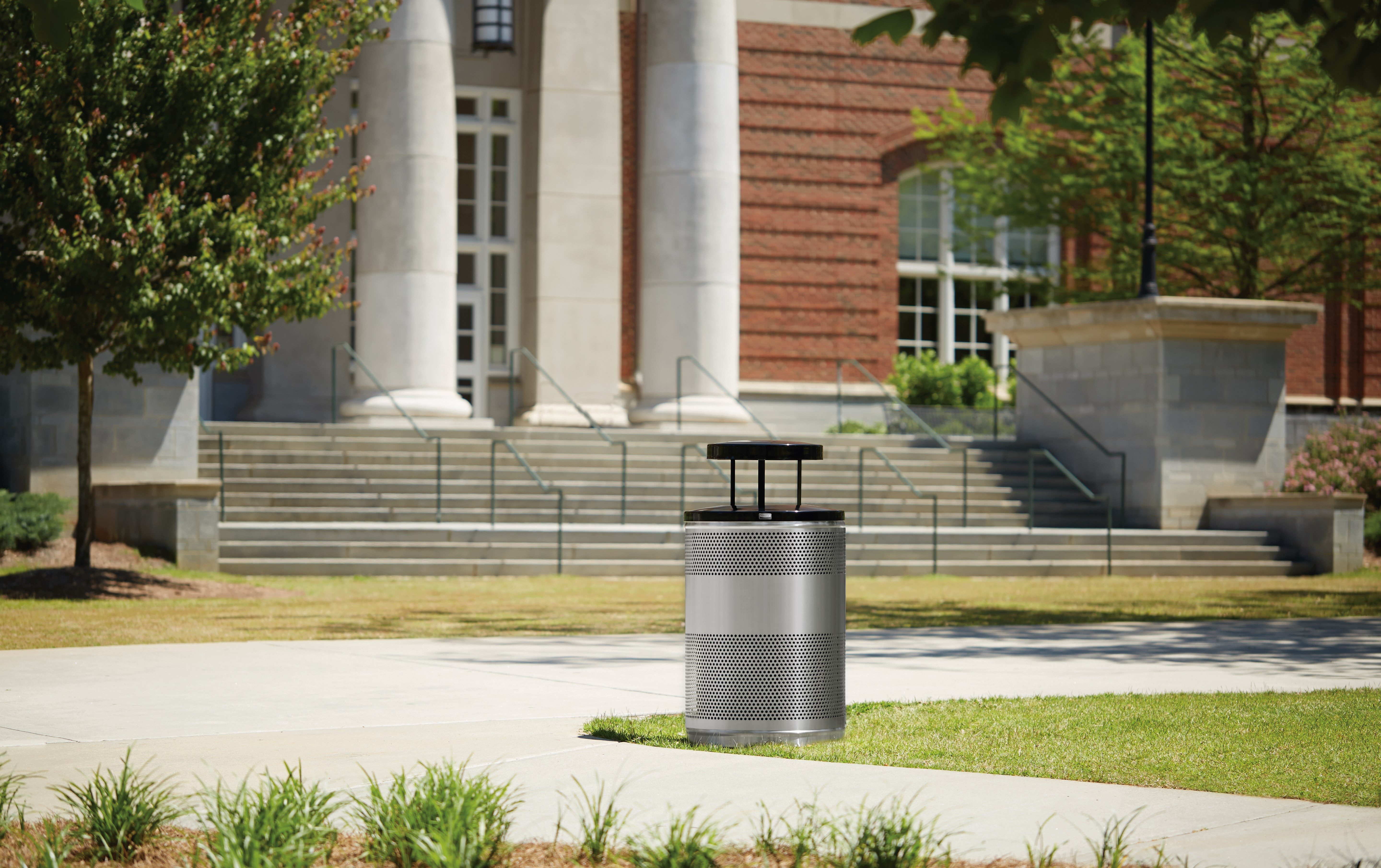 The heavy-duty Classics 51 Gallon FGS55 Open Top Decorative Waste Container has a perforated steel design for a clean and modern appearance