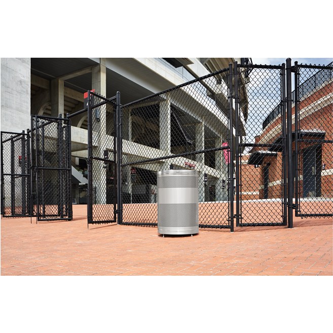 The heavy-duty, 25 Gallon Classics Decorative Recycling Container has a perforated steel design for a clean and modern appearance