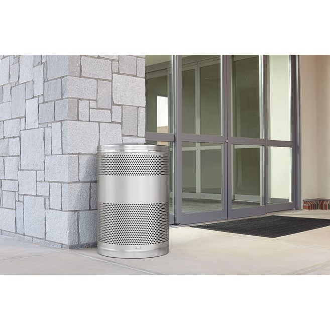 The heavy-duty, 25 Gallon Classics Decorative Recycling Container has a perforated steel design for a clean and modern appearance