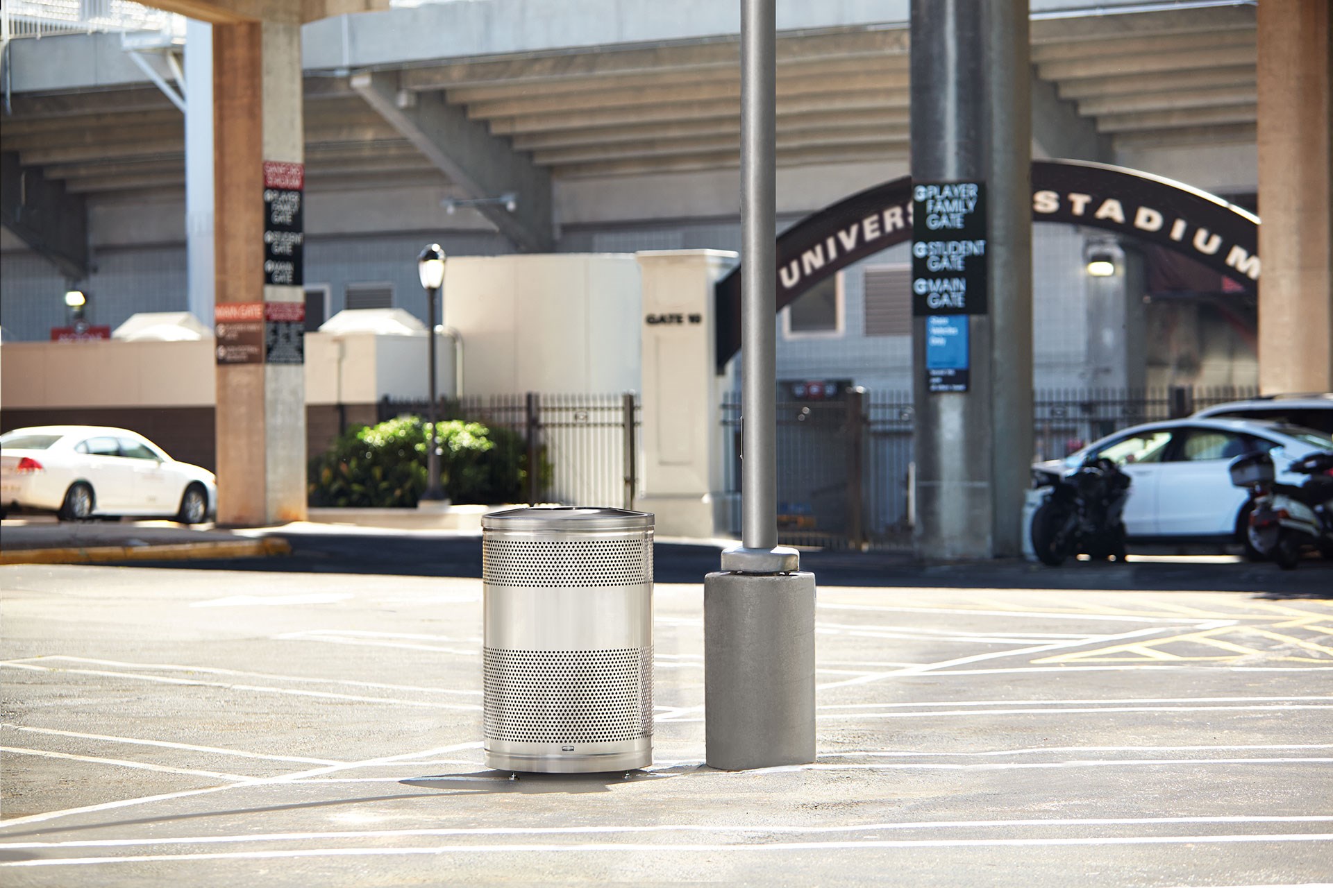 The heavy-duty, 25 Gallon Classics Decorative Recycling Container has a perforated steel design for a clean and modern appearance