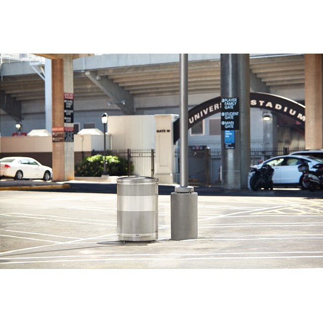 The heavy-duty, 25 Gallon Classics Decorative Recycling Container has a perforated steel design for a clean and modern appearance