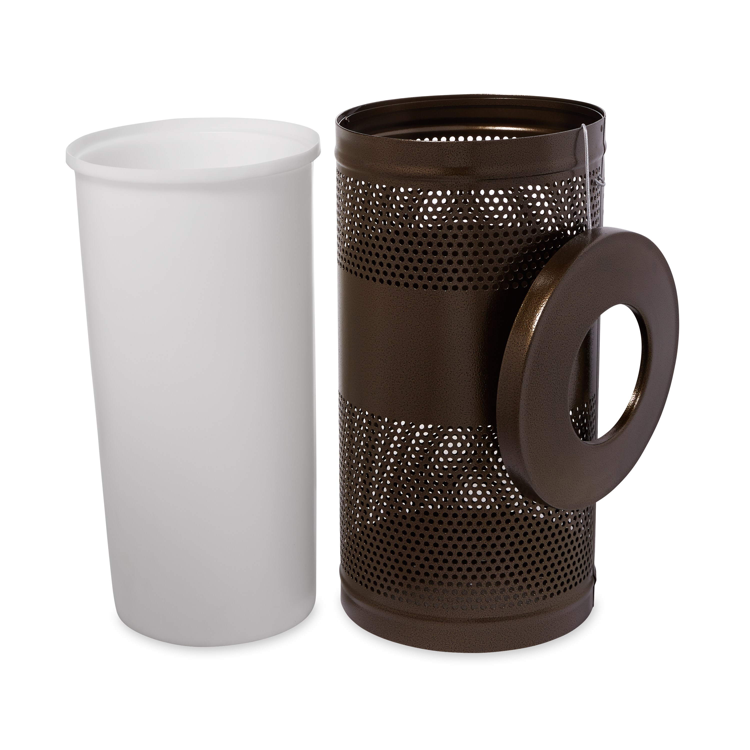 The heavy-duty Classics Decorative Waste Container has a perforated steel design for a clean and modern appearance. This container is a smart choice for high-traffic areas and can be used both outdoors and indoors.