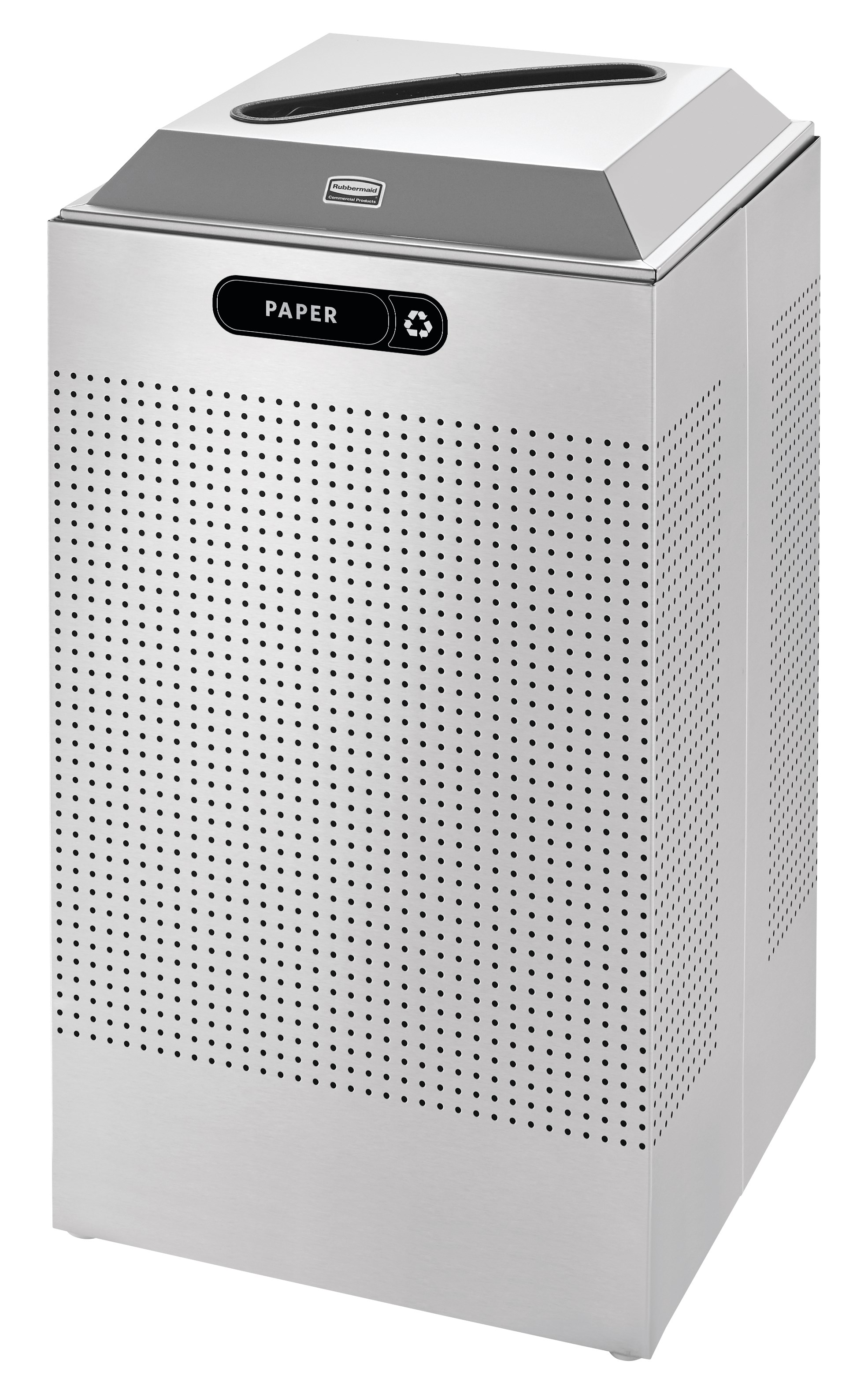The sleek Silhouettes 29 Gallon FGDCR24 Decorative Square Indoor Recycling Container has a contemporary perforated pattern designed to seamlessly and beautifully blend with modern facilities and environments. High-quality materials and craftsmanship ensure containers can withstand the rigors of everyday use.