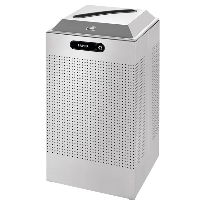 The sleek Silhouettes 29 Gallon FGDCR24 Decorative Square Indoor Recycling Container has a contemporary perforated pattern designed to seamlessly and beautifully blend with modern facilities and environments. High-quality materials and craftsmanship ensure containers can withstand the rigors of everyday use.