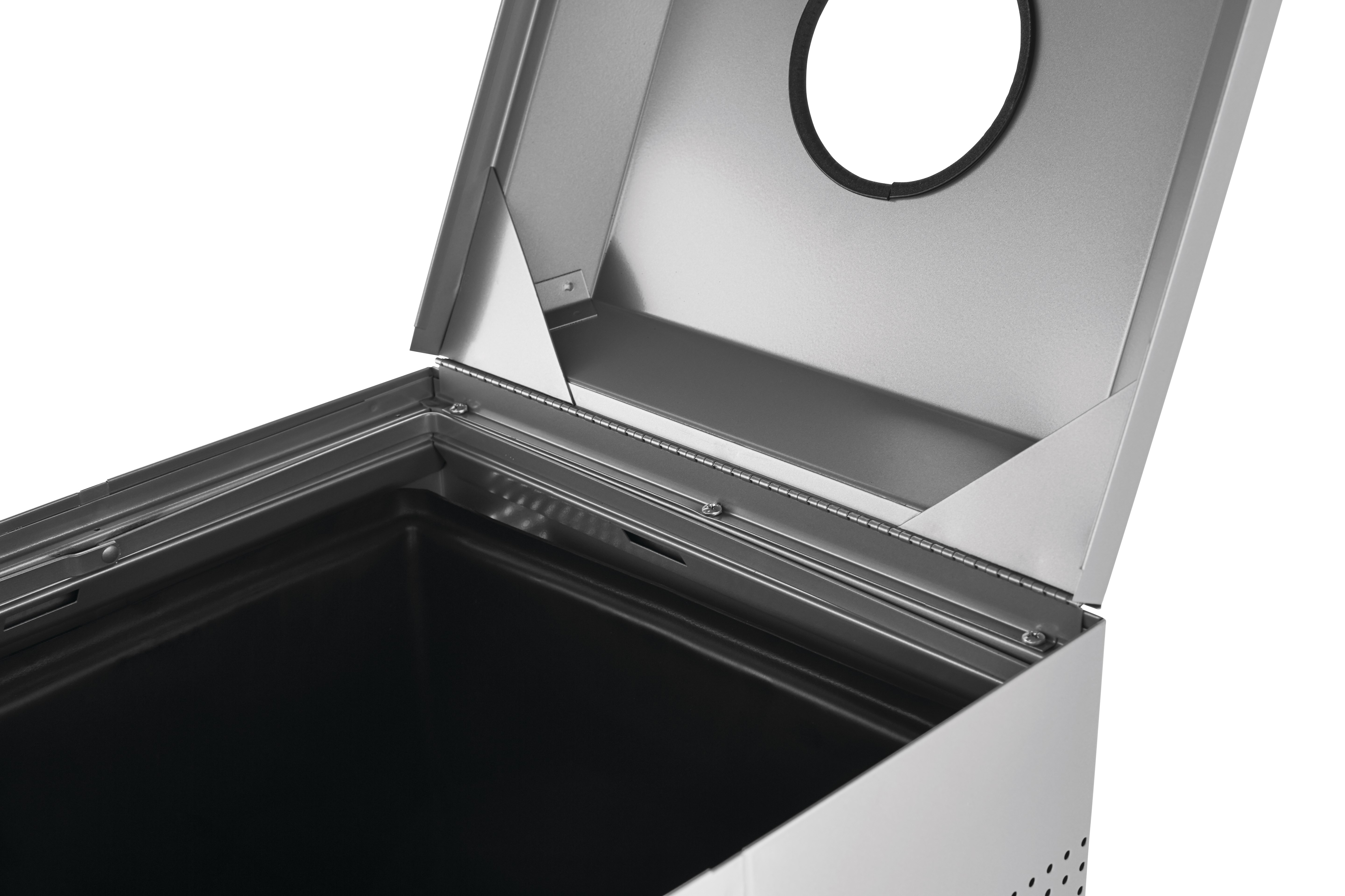 The sleek Silhouettes 29 Gallon FGDCR24 Decorative Square Indoor Recycling Container has a contemporary perforated pattern designed to seamlessly and beautifully blend with modern facilities and environments. High-quality materials and craftsmanship ensur