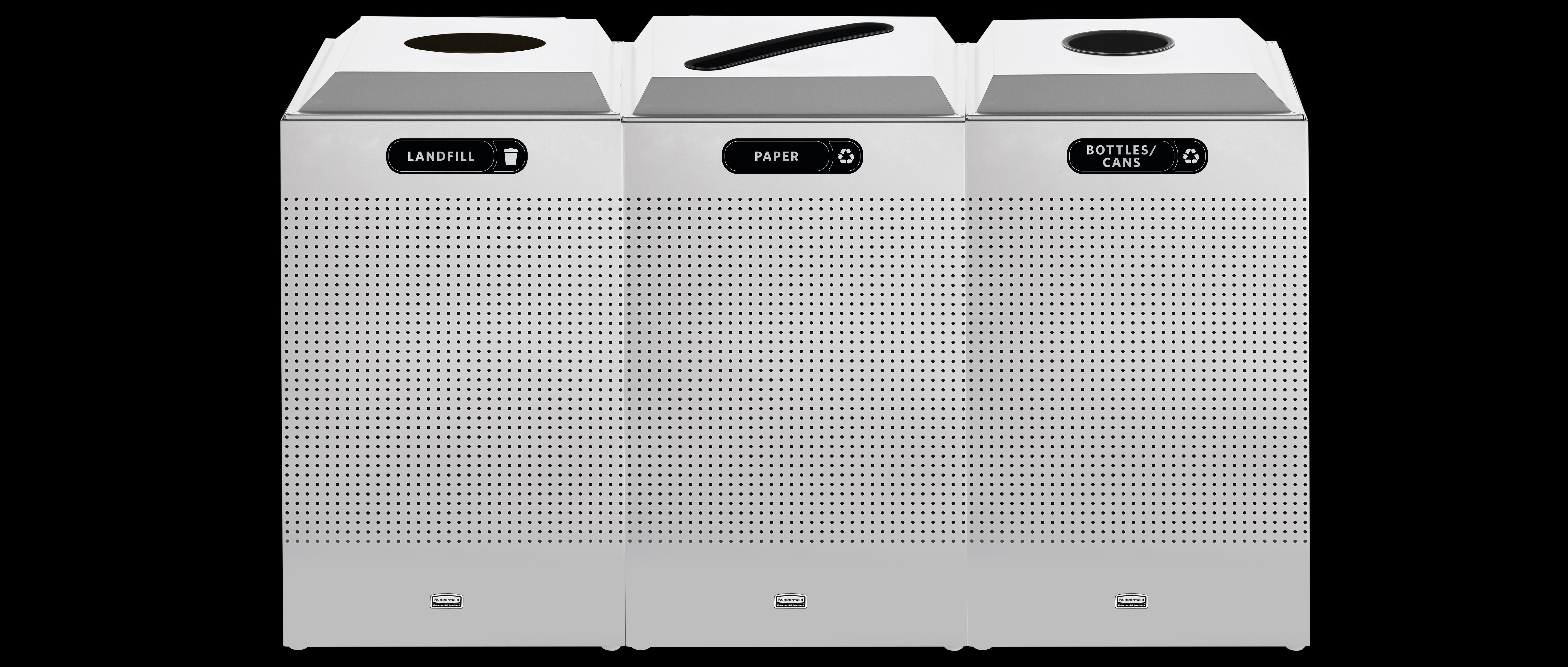 The sleek Silhouettes 29 Gallon FGDCR24 Decorative Square Indoor Recycling Container has a contemporary perforated pattern designed to seamlessly and beautifully blend with modern facilities and environments. High-quality materials and craftsmanship ensure containers can withstand the rigors of everyday use.