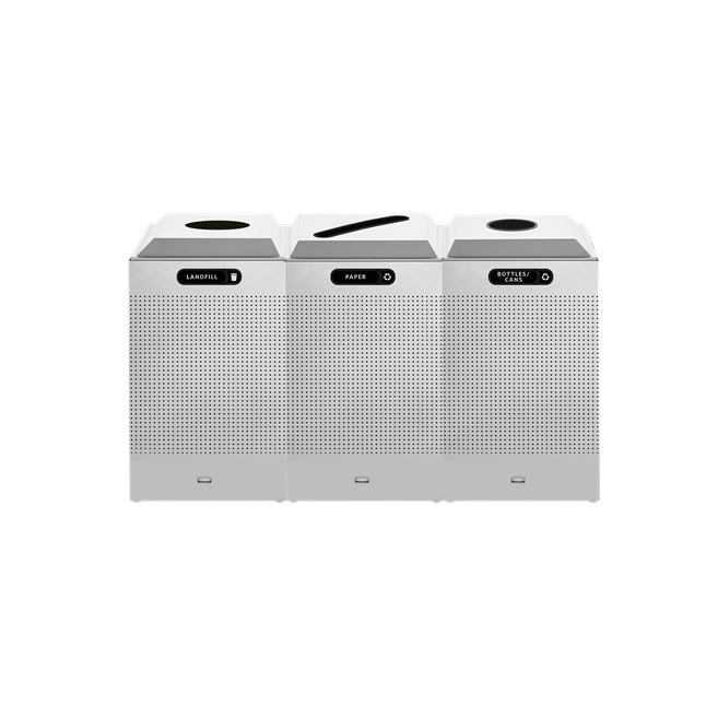 The sleek Silhouettes 29 Gallon FGDCR24 Decorative Square Indoor Recycling Container has a contemporary perforated pattern designed to seamlessly and beautifully blend with modern facilities and environments. High-quality materials and craftsmanship ensure containers can withstand the rigors of everyday use.
