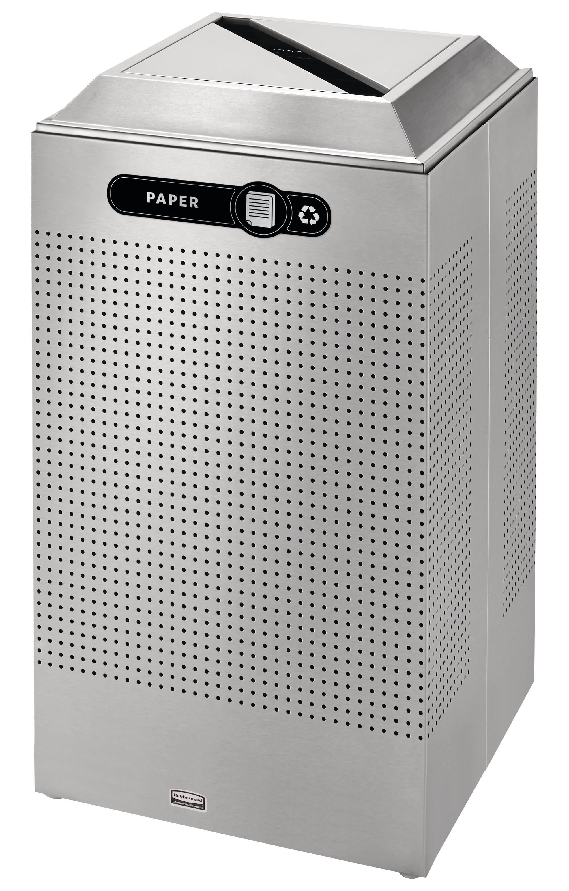 The sleek Silhouettes 29 Gallon FGDCR24 Decorative Square Indoor Recycling Container has a contemporary perforated pattern designed to seamlessly and beautifully blend with modern facilities and environments. High-quality materials and craftsmanship ensure containers can withstand the rigors of everyday use.