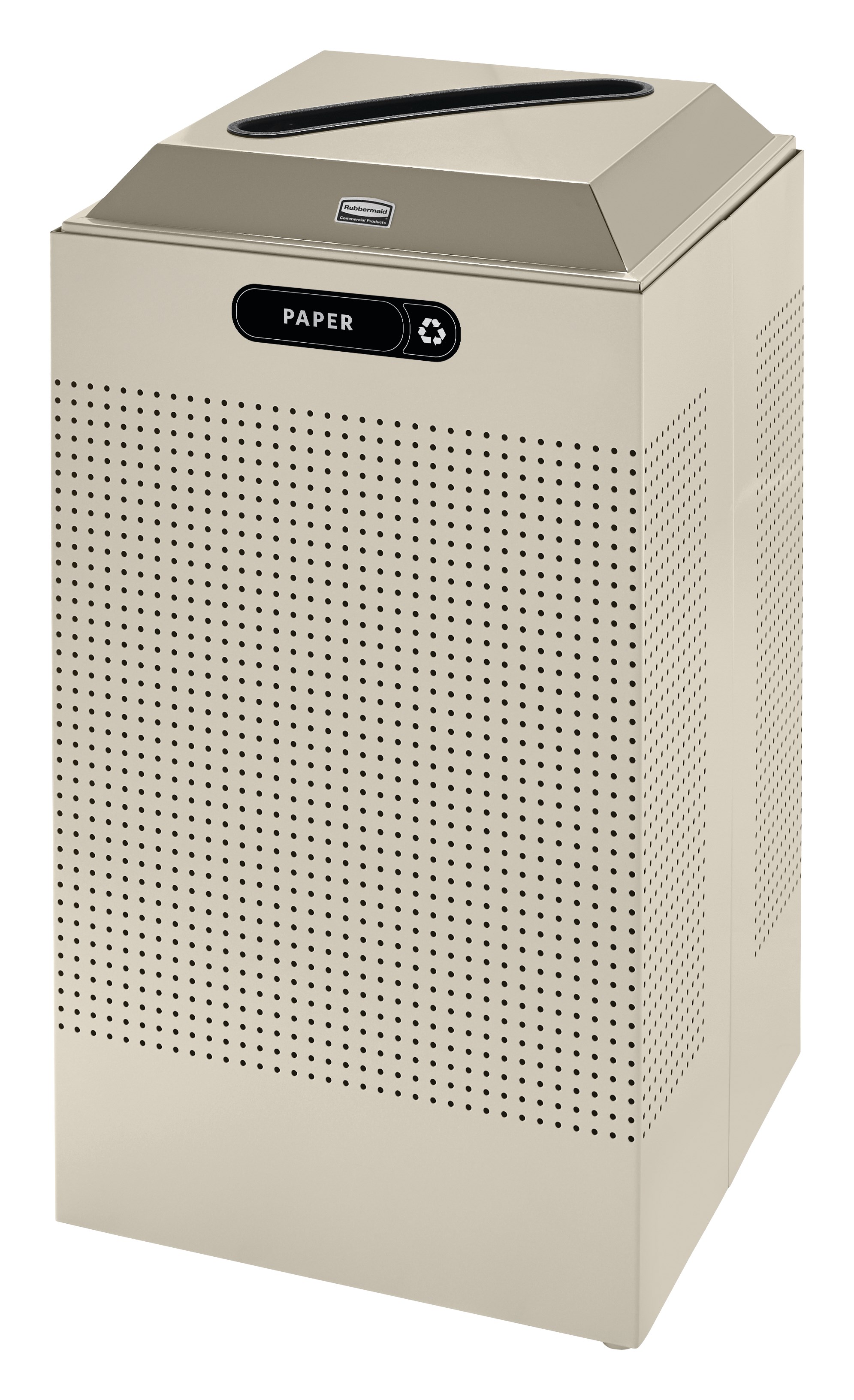 The sleek Silhouettes 29 Gallon FGDCR24 Decorative Square Indoor Recycling Container has a contemporary perforated pattern designed to seamlessly and beautifully blend with modern facilities and environments. High-quality materials and craftsmanship ensure containers can withstand the rigors of everyday use.