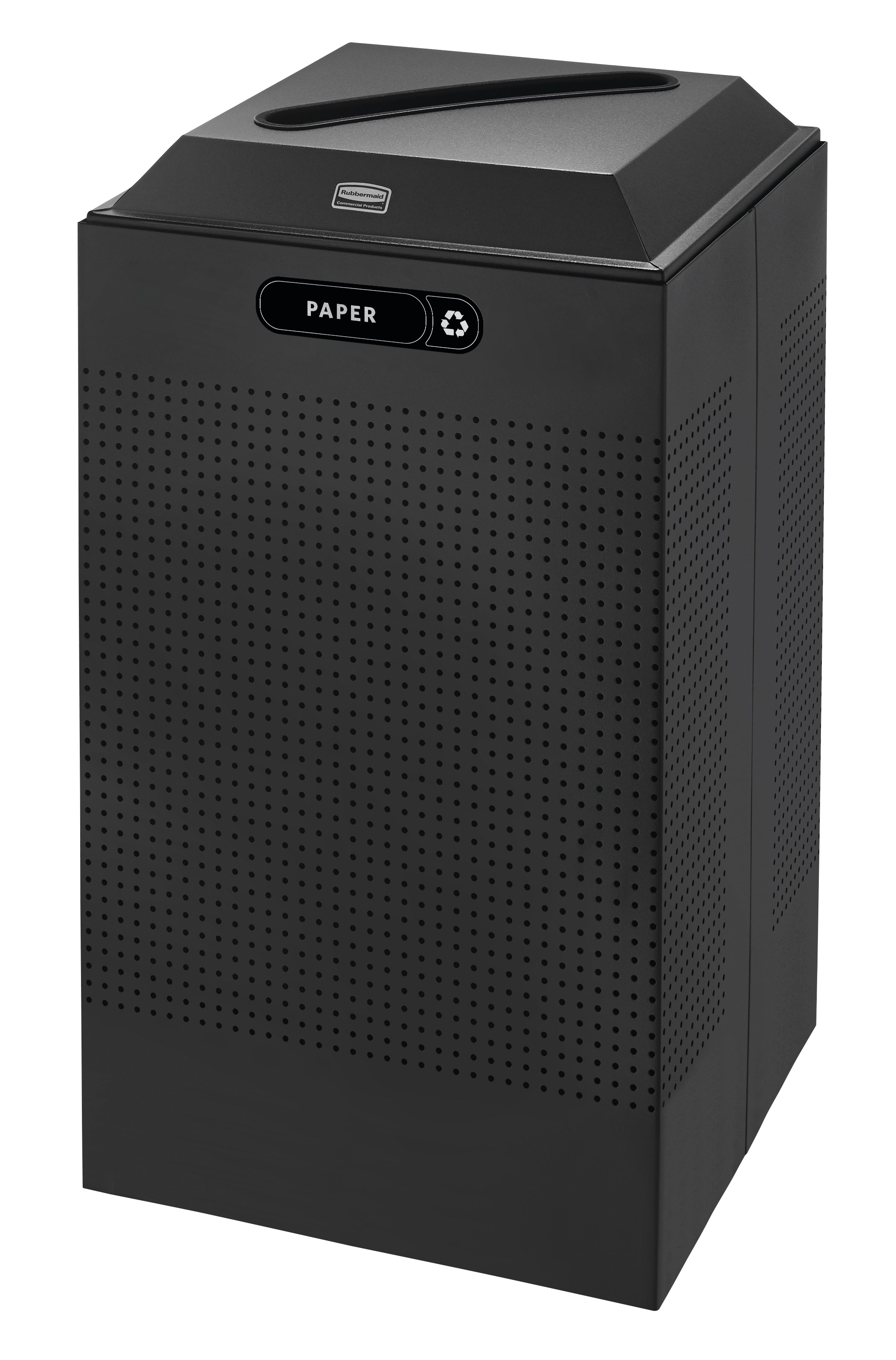 The sleek Silhouettes 29 Gallon FGDCR24 Decorative Square Indoor Recycling Container has a contemporary perforated pattern designed to seamlessly and beautifully blend with modern facilities and environments. High-quality materials and craftsmanship ensure containers can withstand the rigors of everyday use.