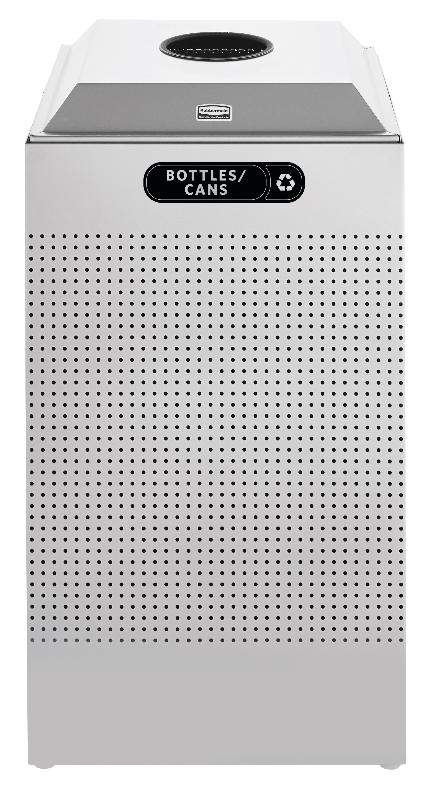 The sleek Silhouettes 29 Gallon FGDCR24 Decorative Square Indoor Recycling Container has a contemporary perforated pattern designed to seamlessly and beautifully blend with modern facilities and environments. High-quality materials and craftsmanship ensure containers can withstand the rigors of everyday use.