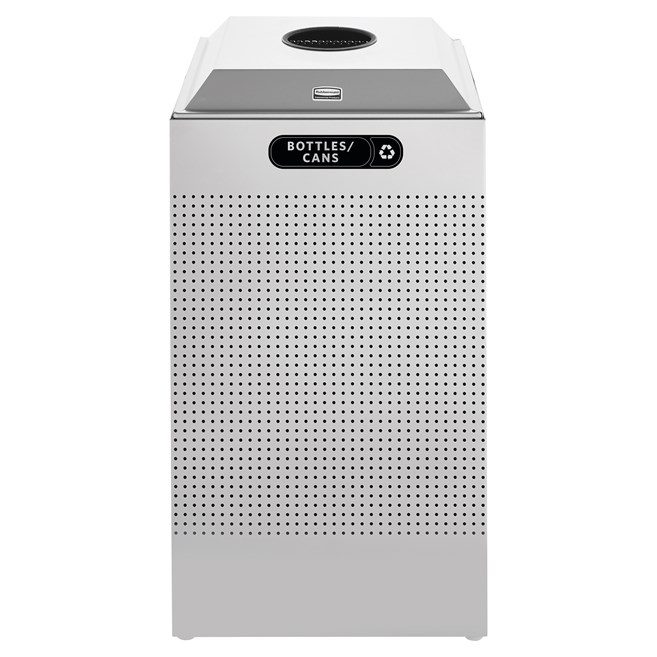 The sleek Silhouettes 29 Gallon FGDCR24 Decorative Square Indoor Recycling Container has a contemporary perforated pattern designed to seamlessly and beautifully blend with modern facilities and environments. High-quality materials and craftsmanship ensure containers can withstand the rigors of everyday use.