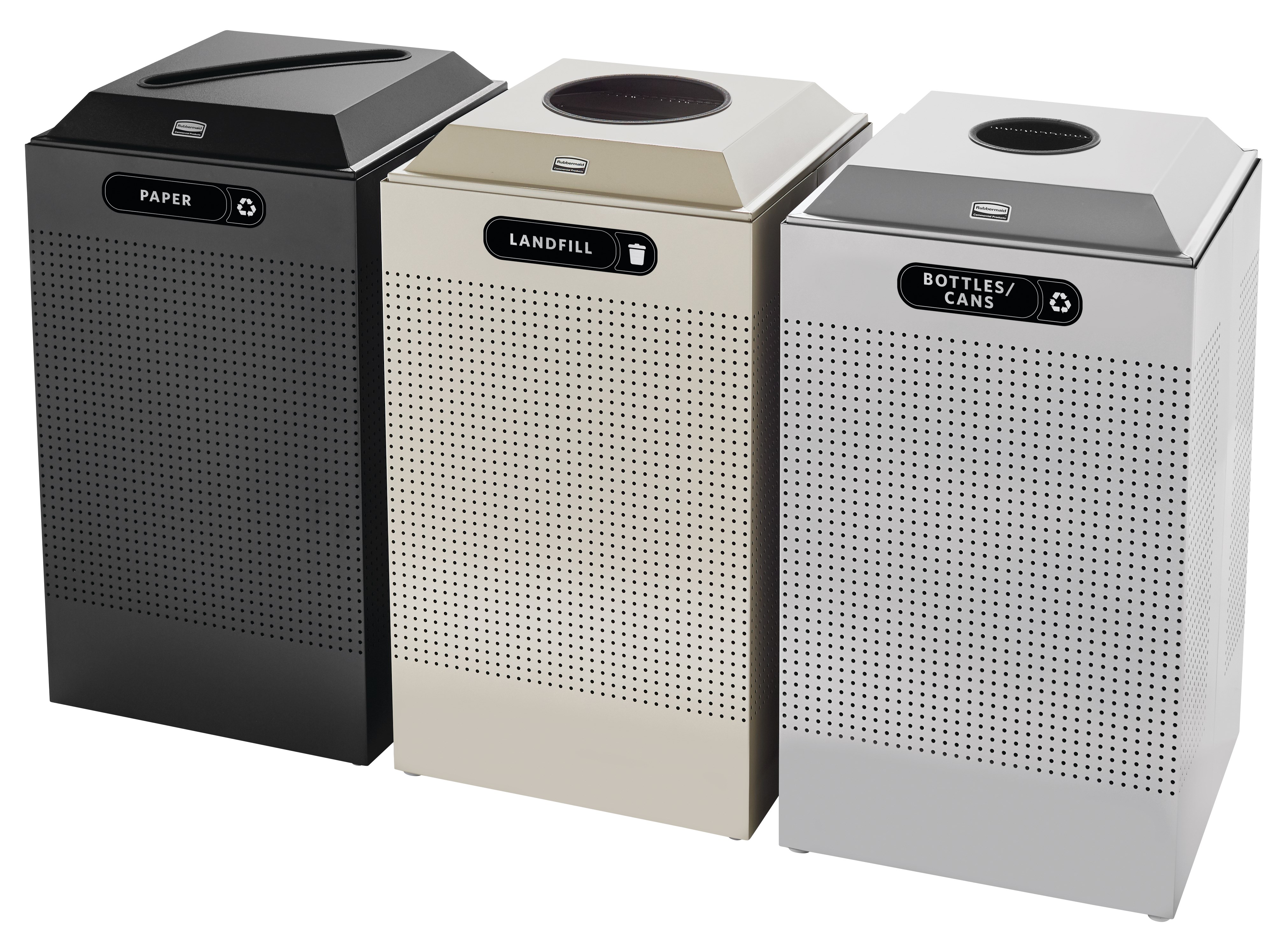 The sleek Silhouettes 29 Gallon FGDCR24 Decorative Square Indoor Recycling Container has a contemporary perforated pattern designed to seamlessly and beautifully blend with modern facilities and environments. High-quality materials and craftsmanship ensur