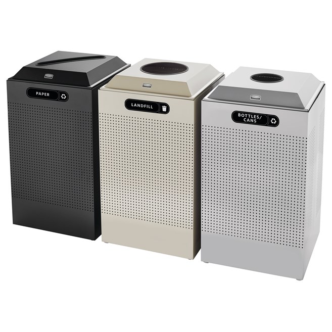 The sleek Silhouettes 29 Gallon FGDCR24 Decorative Square Indoor Recycling Container has a contemporary perforated pattern designed to seamlessly and beautifully blend with modern facilities and environments. High-quality materials and craftsmanship ensur
