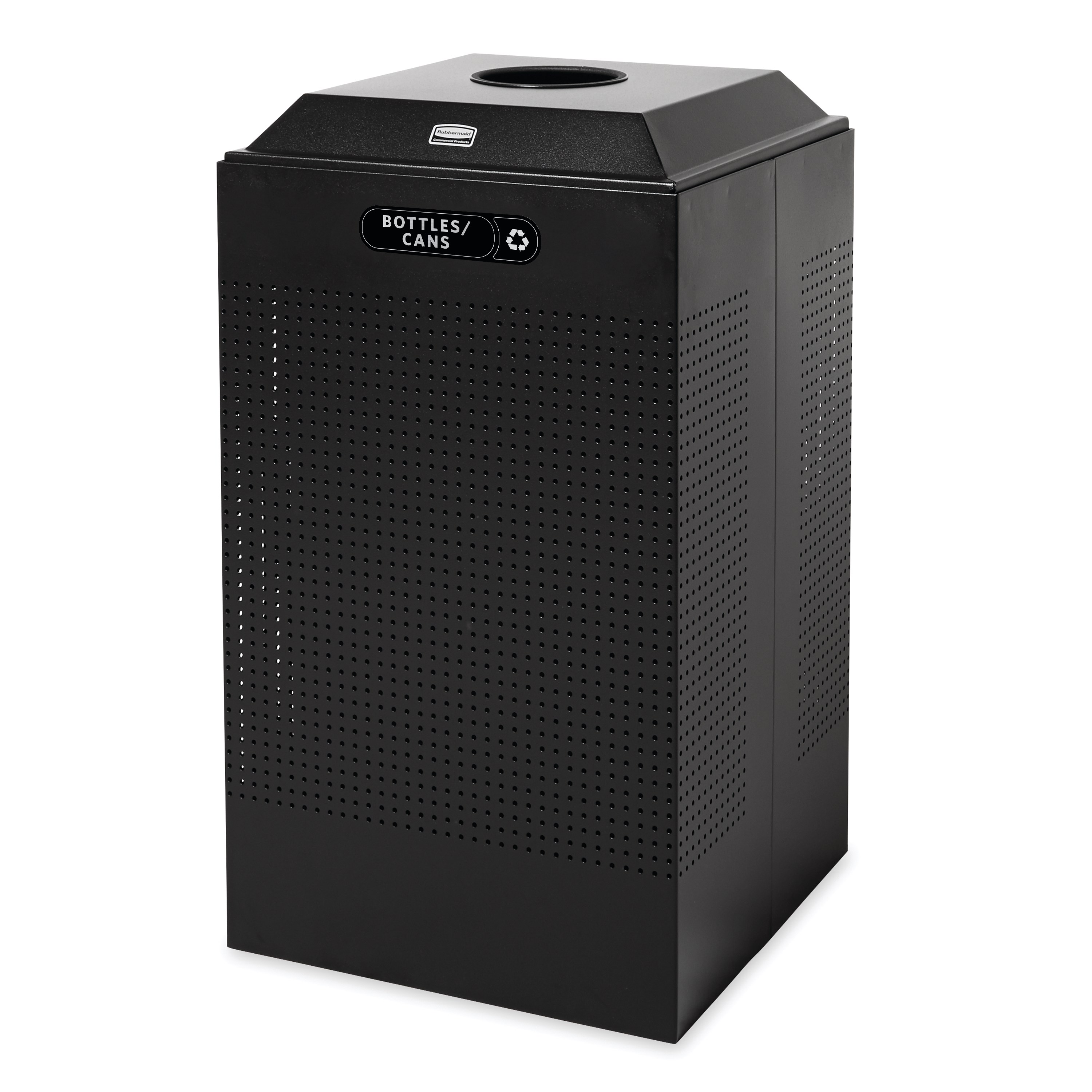 The sleek Silhouettes 29 Gallon FGDCR24 Decorative Square Indoor Recycling Container has a contemporary perforated pattern designed to seamlessly and beautifully blend with modern facilities and environments. High-quality materials and craftsmanship ensur