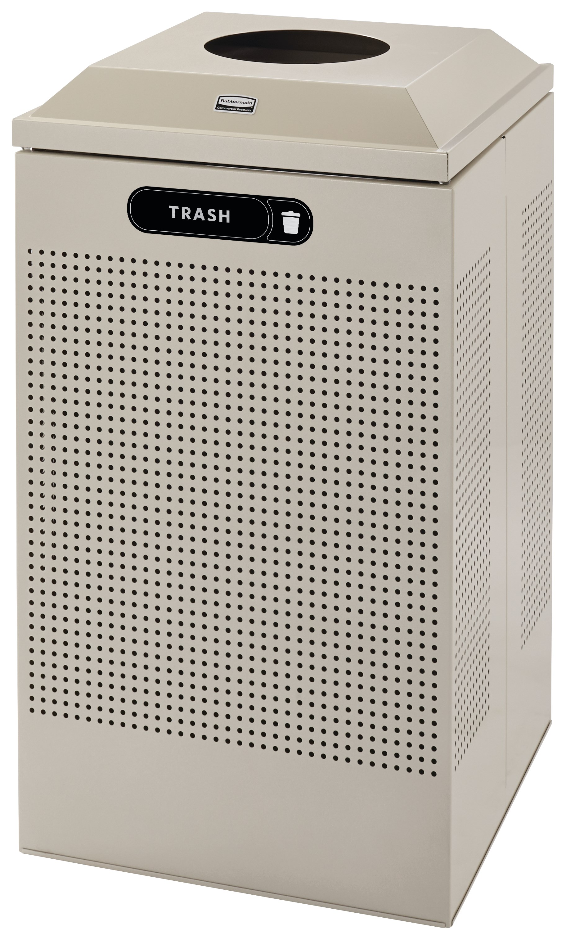 The sleek Silhouettes 29 Gallon FGDCR24 Decorative Square Indoor Recycling Container has a contemporary perforated pattern designed to seamlessly and beautifully blend with modern facilities and environments. High-quality materials and craftsmanship ensur