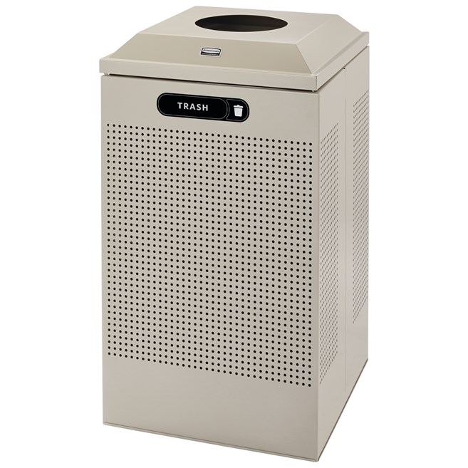 The sleek Silhouettes 29 Gallon FGDCR24 Decorative Square Indoor Recycling Container has a contemporary perforated pattern designed to seamlessly and beautifully blend with modern facilities and environments. High-quality materials and craftsmanship ensur