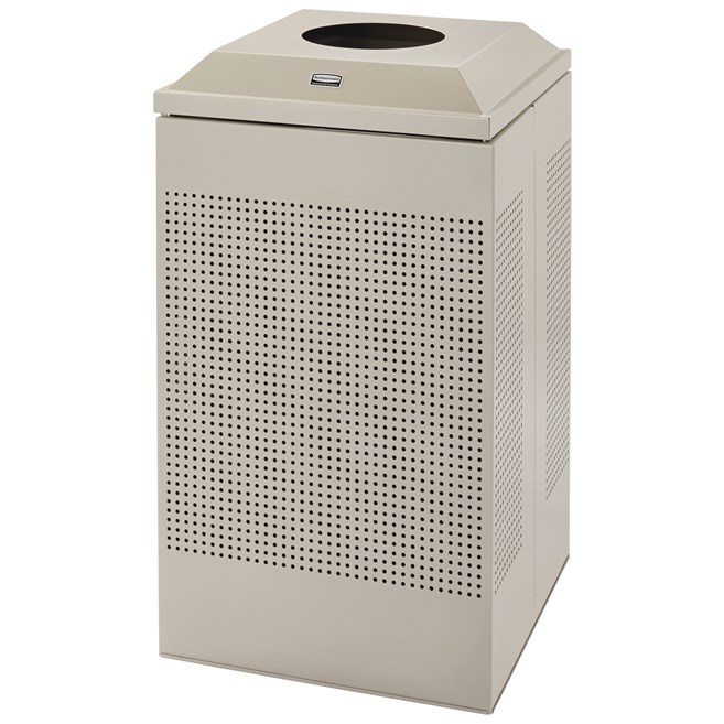 The sleek Silhouettes 29 Gallon FGDCR24 Decorative Square Indoor Recycling Container has a contemporary perforated pattern designed to seamlessly and beautifully blend with modern facilities and environments. High-quality materials and craftsmanship ensur