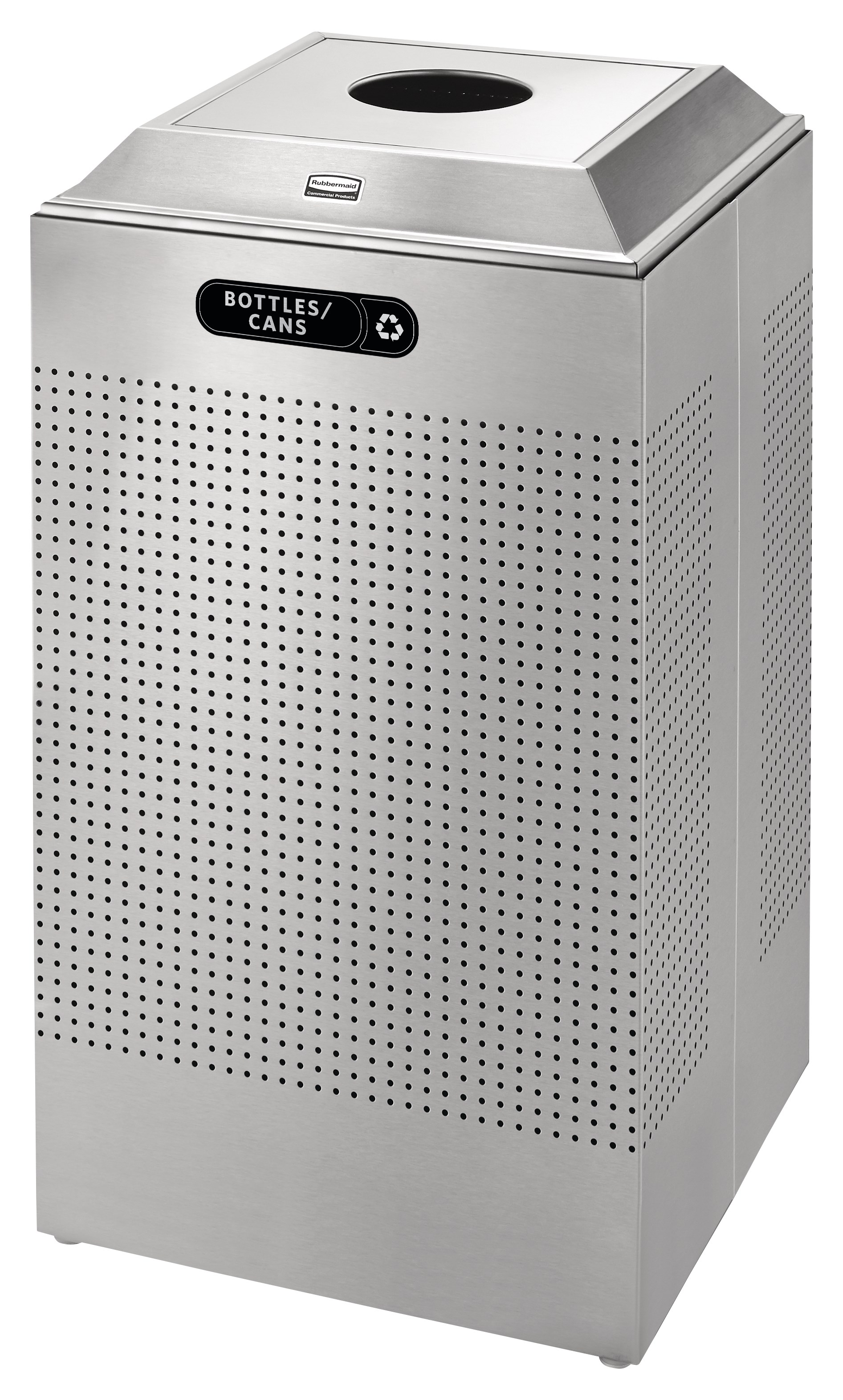 The sleek Silhouettes 29 Gallon FGDCR24 Decorative Square Indoor Recycling Container has a contemporary perforated pattern designed to seamlessly and beautifully blend with modern facilities and environments. High-quality materials and craftsmanship ensur