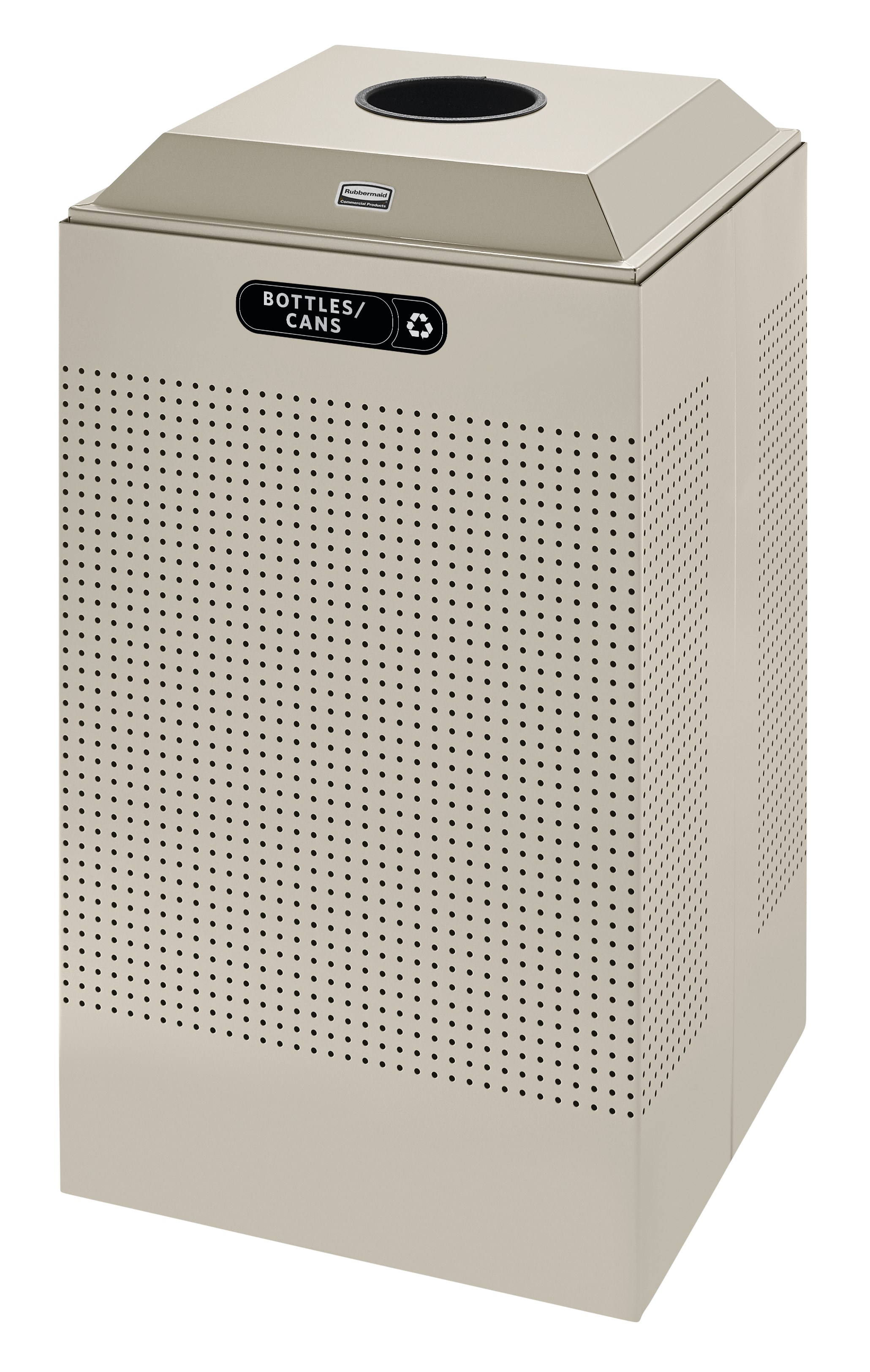 The sleek Silhouettes 29 Gallon FGDCR24 Decorative Square Indoor Recycling Container has a contemporary perforated pattern designed to seamlessly and beautifully blend with modern facilities and environments. High-quality materials and craftsmanship ensur