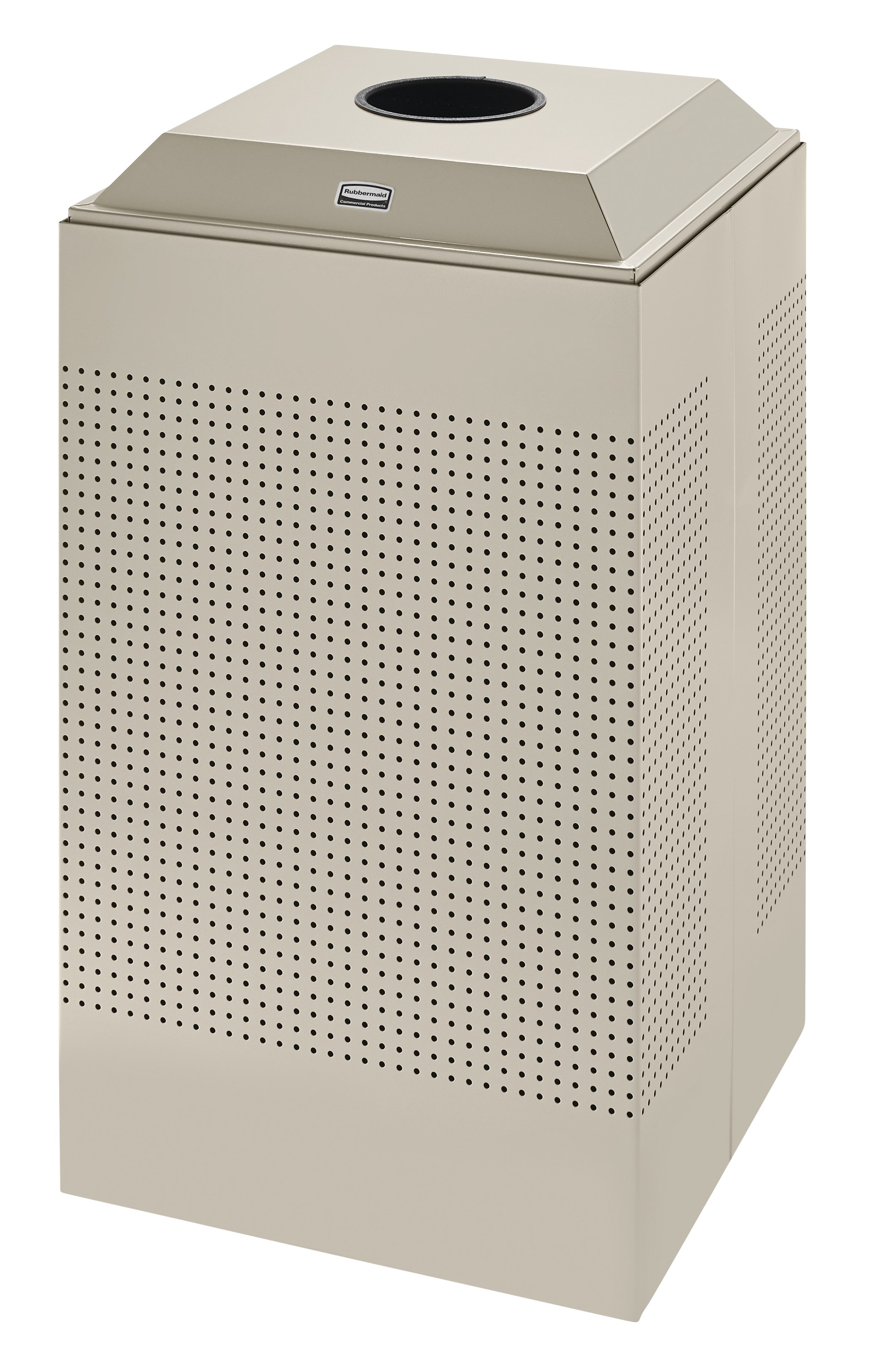 The sleek Silhouettes 29 Gallon FGDCR24 Decorative Square Indoor Recycling Container has a contemporary perforated pattern designed to seamlessly and beautifully blend with modern facilities and environments. High-quality materials and craftsmanship ensur