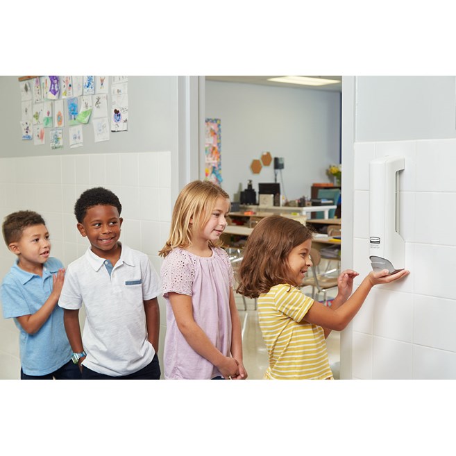 The CrackleClean™ Dispenser is a manual, wall-mounted system that dispenses a foaming gel formula that crackles when dispensed, providing an interactive and engaging experience that encourages users to sanitize more frequently.