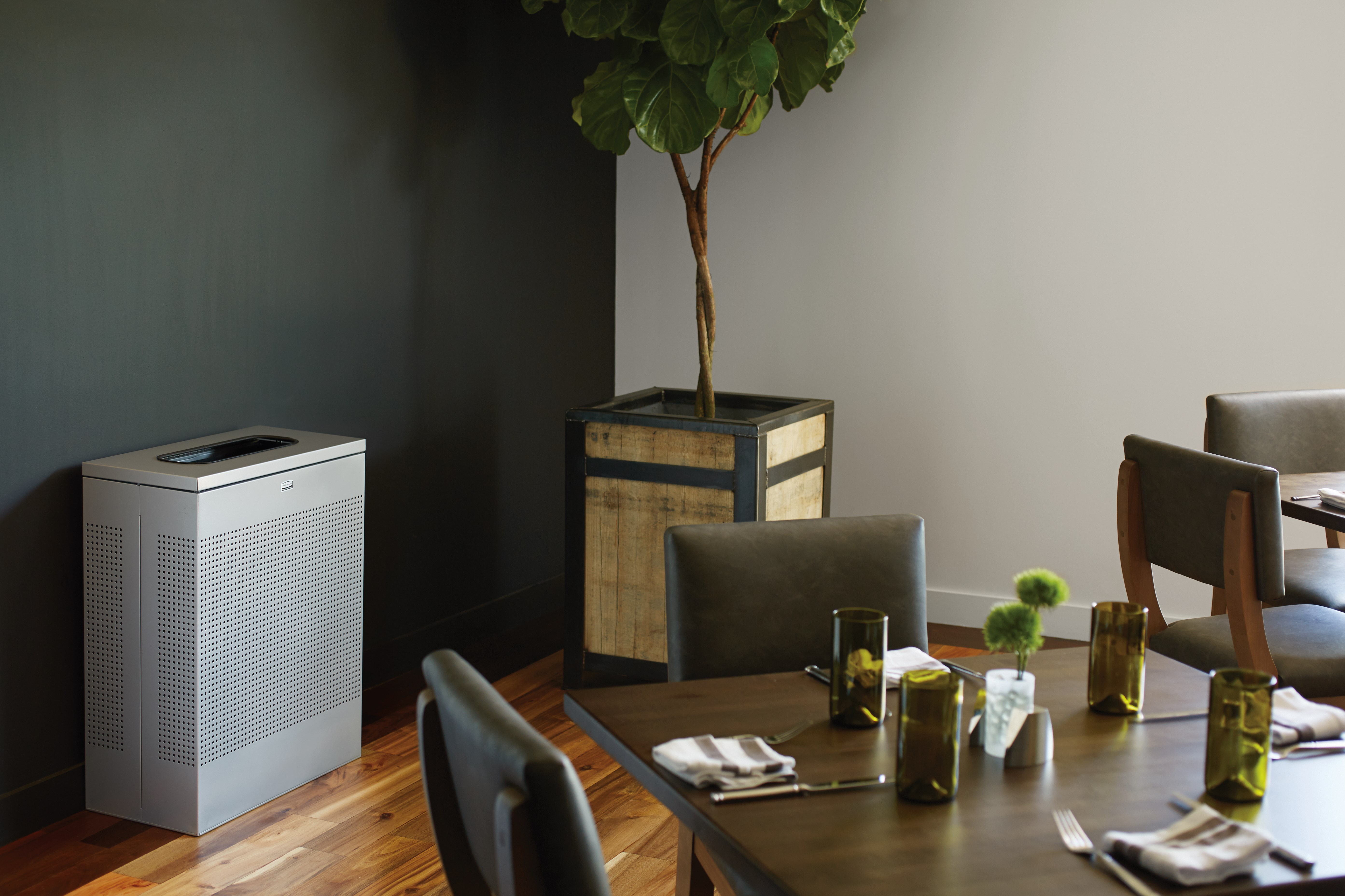 The sleek Silhouettes 13 Gallon FGSR14 Decorative Rectangle Indoor Waste Container has a contemporary perforated pattern designed to seamlessly and beautifully blend with modern facilities and environments. High-quality materials and craftsmanship ensure containers can withstand the rigors of everyday use.