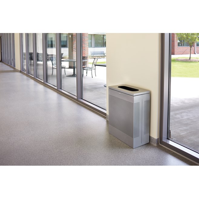 The sleek Silhouettes 13 Gallon FGSR14 Decorative Rectangle Indoor Waste Container has a contemporary perforated pattern designed to seamlessly and beautifully blend with modern facilities and environments. High-quality materials and craftsmanship ensure containers can withstand the rigors of everyday use.