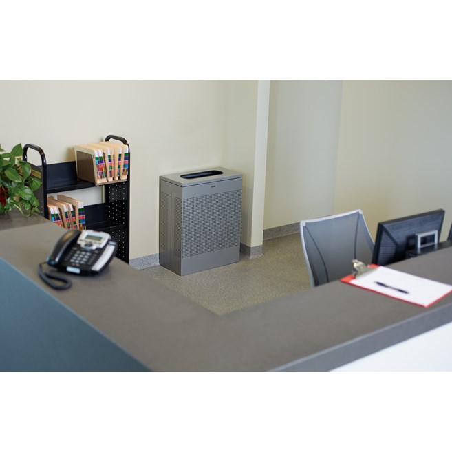 The sleek Silhouettes 13 Gallon FGSR14 Decorative Rectangle Indoor Waste Container has a contemporary perforated pattern designed to seamlessly and beautifully blend with modern facilities and environments. High-quality materials and craftsmanship ensure containers can withstand the rigors of everyday use.
